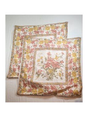 Vintage April Cornell Floral Pillow Shams Set 2 Pink Yellow Cotton Cottagecore